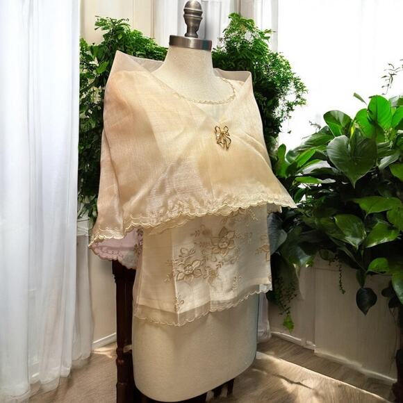 Embroidered Filipiniana Alampay Beige Floral Shawl Maria Clara Pañuelo One Size - Picture 5 of 5